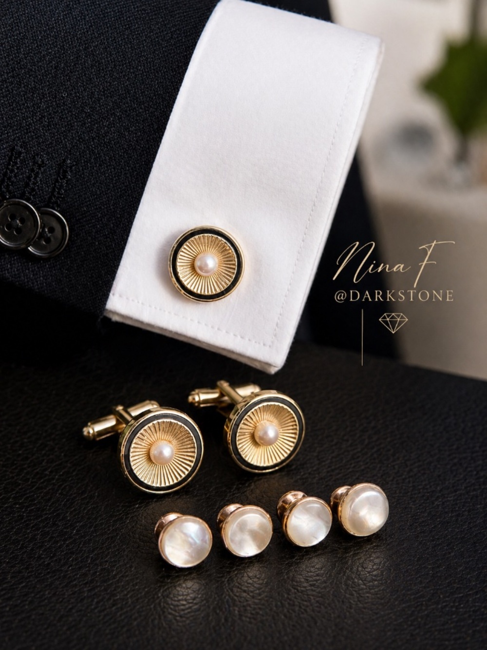 Vintage Anson Pearl Cufflinks Tuxedo Stud Set Gold Tone Formal Wedding Set